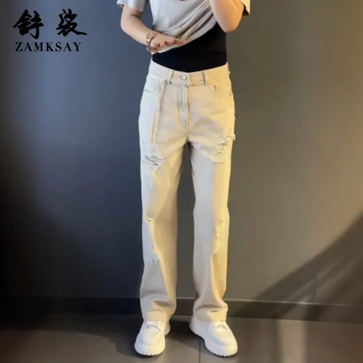 【顺丰包邮】男装轻奢春秋男士乞丐破洞阔腿牛仔裤子时尚休闲长裤子