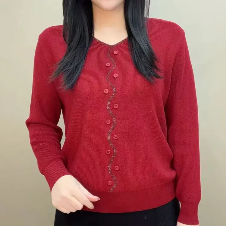 新款时尚洋气百搭S弯烫钻小扣焦麻针织衫