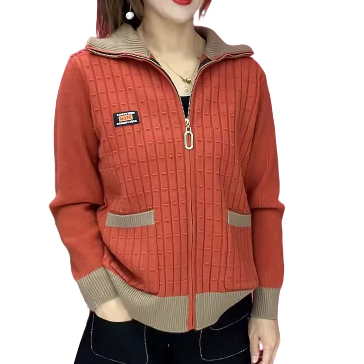 新款时尚洋气短款立领拉链针织开衫