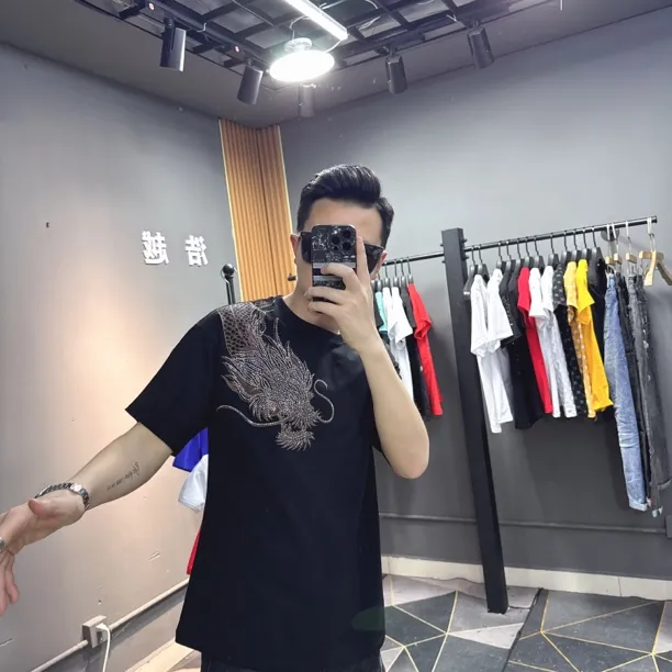 欧版潮牌烫钻过肩龙短袖t恤男半袖夏季新款T恤网红同款烫钻短袖男