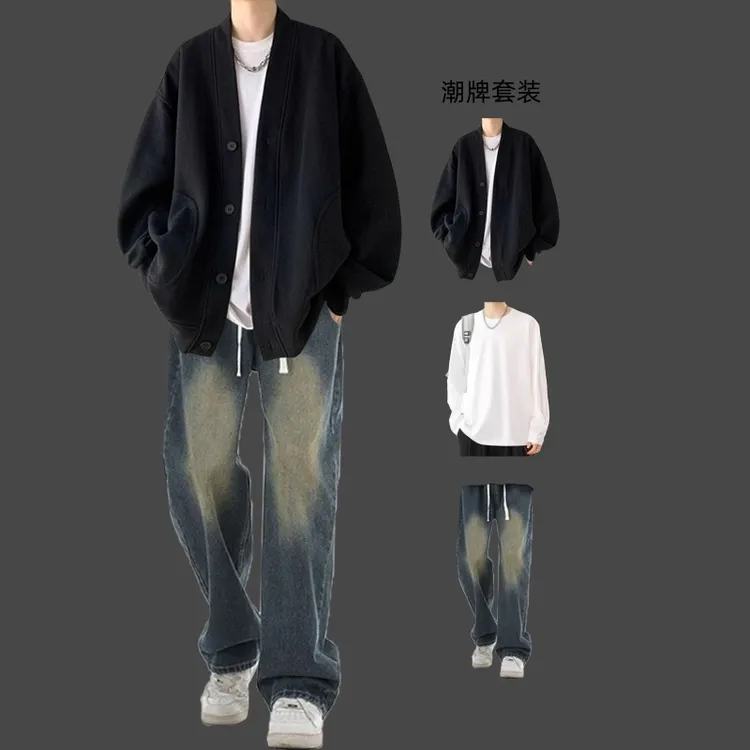 华夫格慵懒风春秋男生外套男套装冬季痞帅开衫外套搭配牛仔裤一套