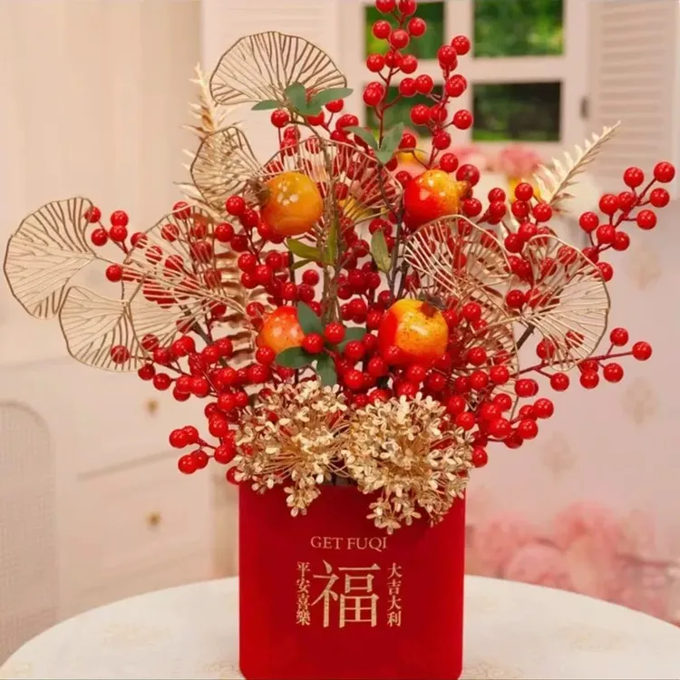 【插好发货】乔迁新居新婚新年抱抱桶福桶红果发财果仿真花年宵花