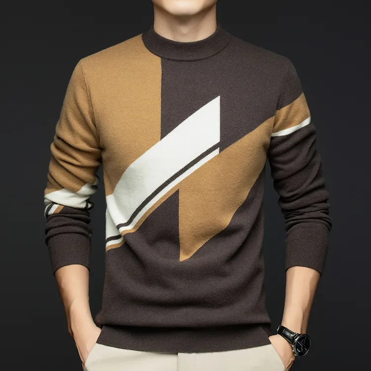 【100%羊毛衫】轻奢男士羊绒衫时尚休闲拼色圆领保暖毛衣冬季打底衫