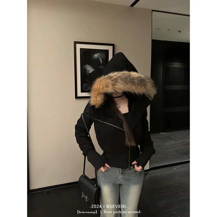 黑泽玄七秋冬大毛领黑色外套显瘦美式加绒连帽毛领短款女