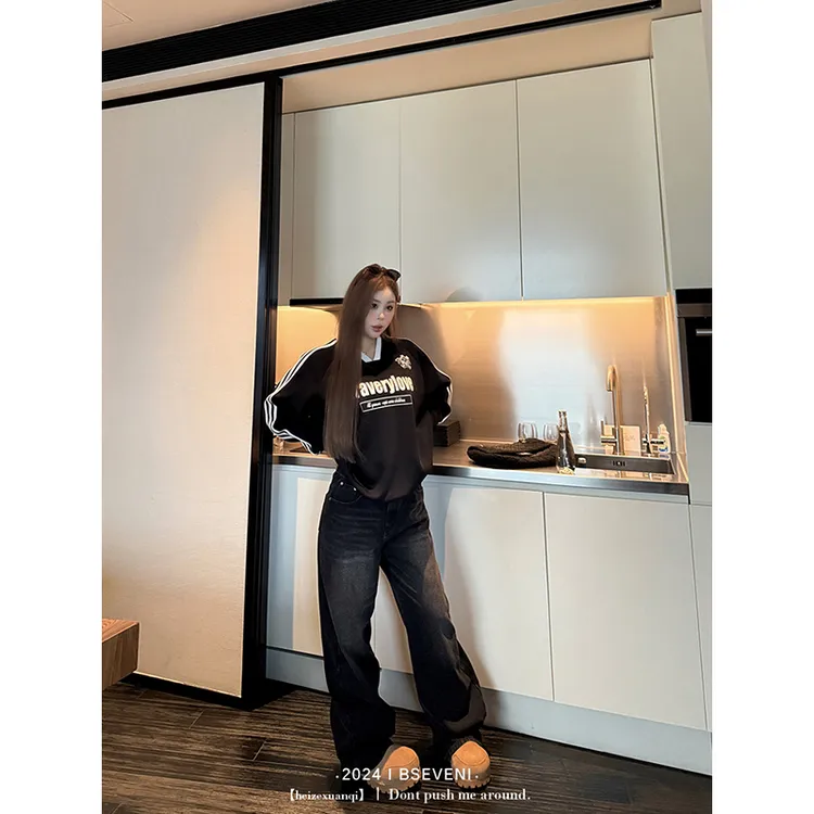 黑泽玄七牛仔裤秋冬微胖显瘦直筒阔腿加绒加厚高腰显瘦宽松裤子女