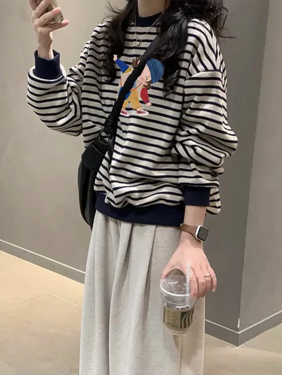 美式复古圆领条纹卫衣女2024秋冬爆款宽松小众设计感独特别致上衣