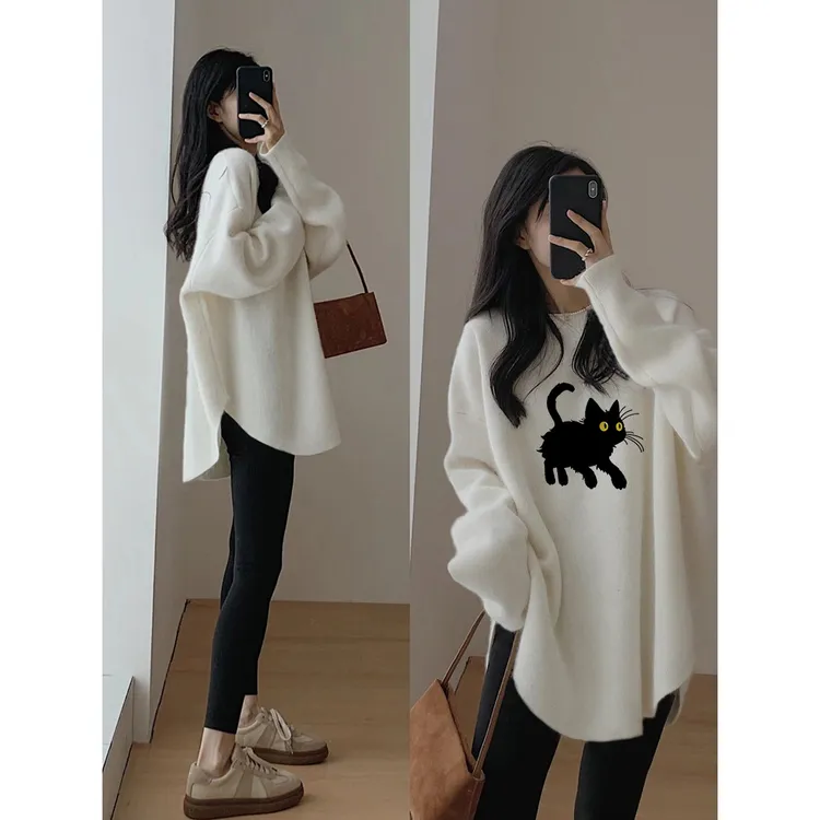 秋冬季遮屁股打底衫德绒宽松中长款搭配鲨鱼裤的白色长袖T恤女显