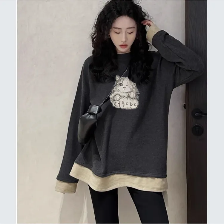 2024秋季新款慵懒风撞色假两件套头打底衫女胖mm时尚洋气百搭上衣