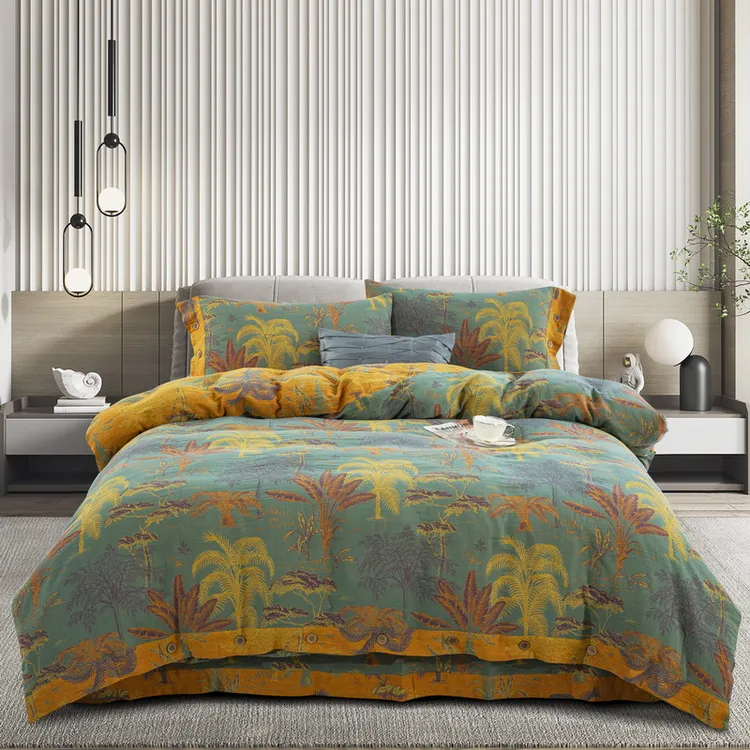 【奇幻丛林-烟雨绿】全棉色织提花A类双层纱四件套春夏居家舒适亲肤