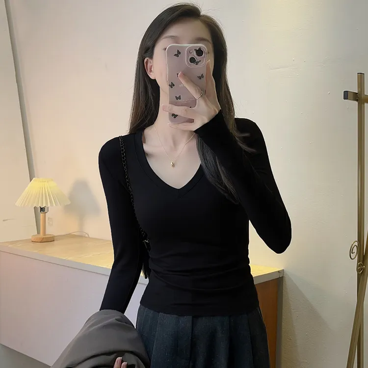 韩版V领修身纯欲风t恤女ins春秋季打底衫新款设计感长袖正肩上衣