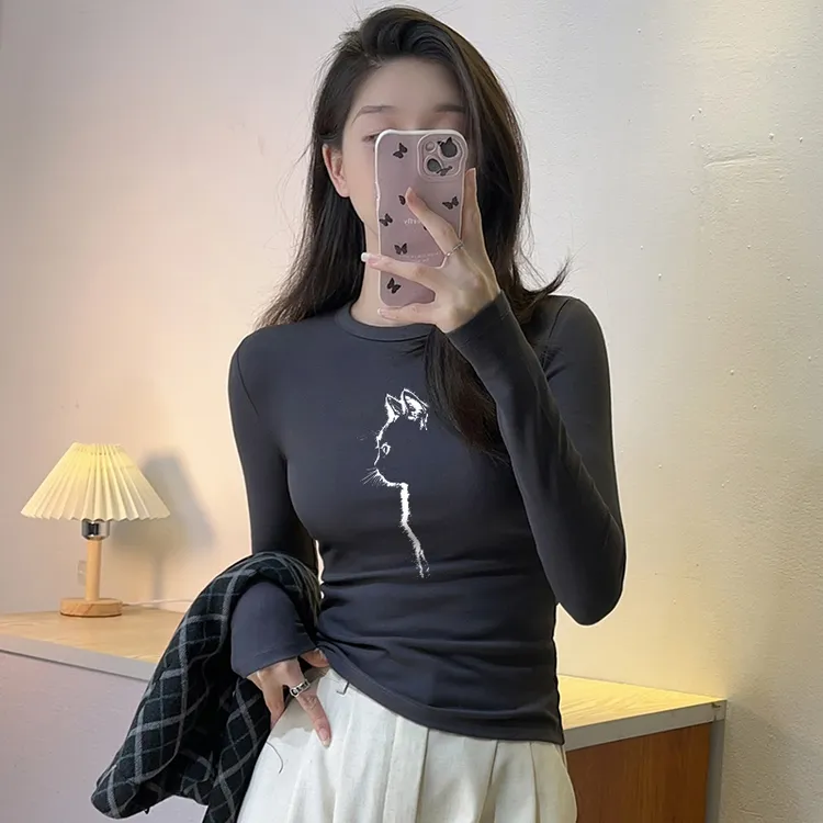 美式复古小猫印花春秋冬季单穿打底衫新款修身长袖t恤女显瘦上衣