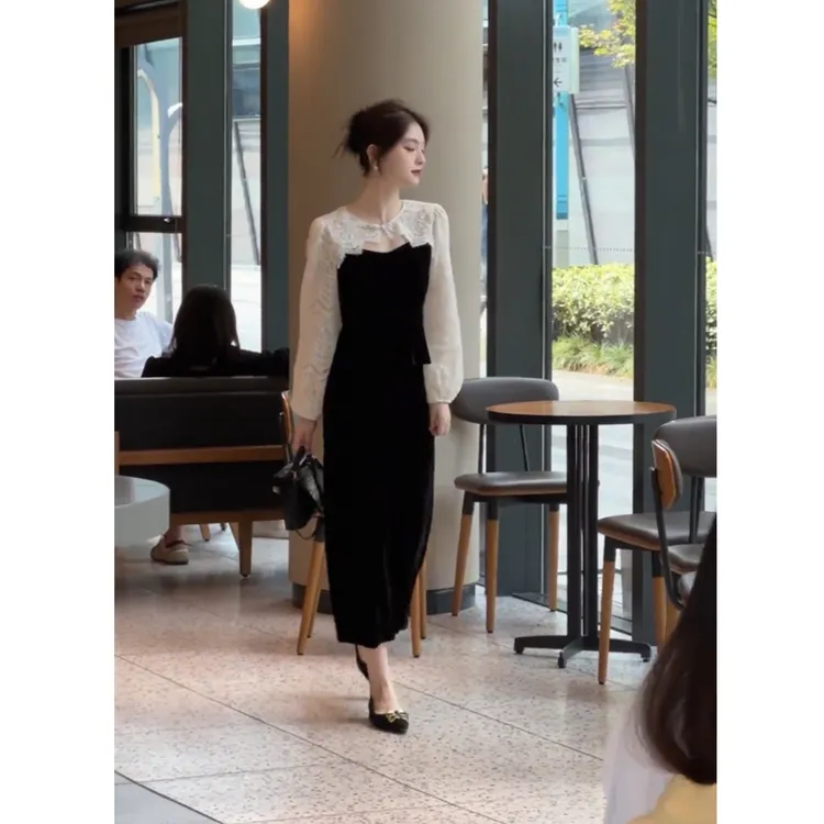 复古法式长袖拼接蕾丝衬衫氛围感气质显瘦中高腰半身裙两件套装女