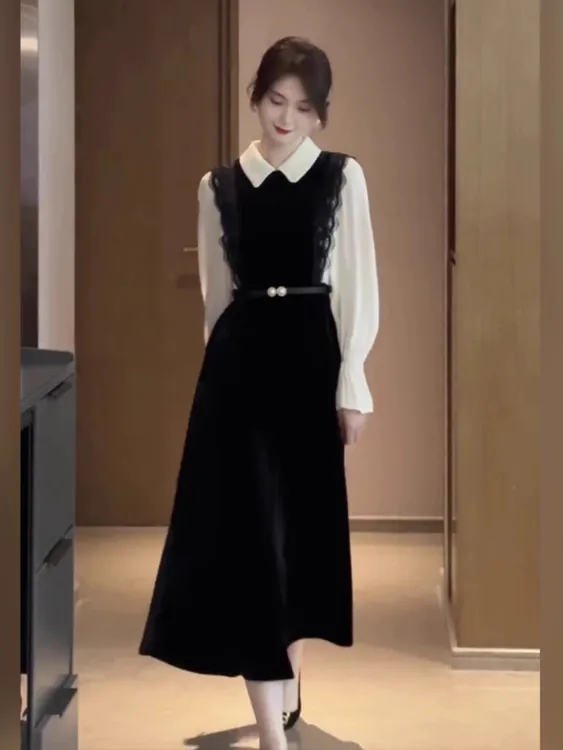 2025春秋女装红人上新轻熟风显瘦高级感假两件连衣裙收腰内搭大衣