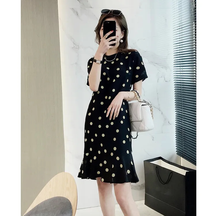 欧洲站夏季新款法式轻熟风小黑裙宽松显瘦波点鱼尾连衣裙女