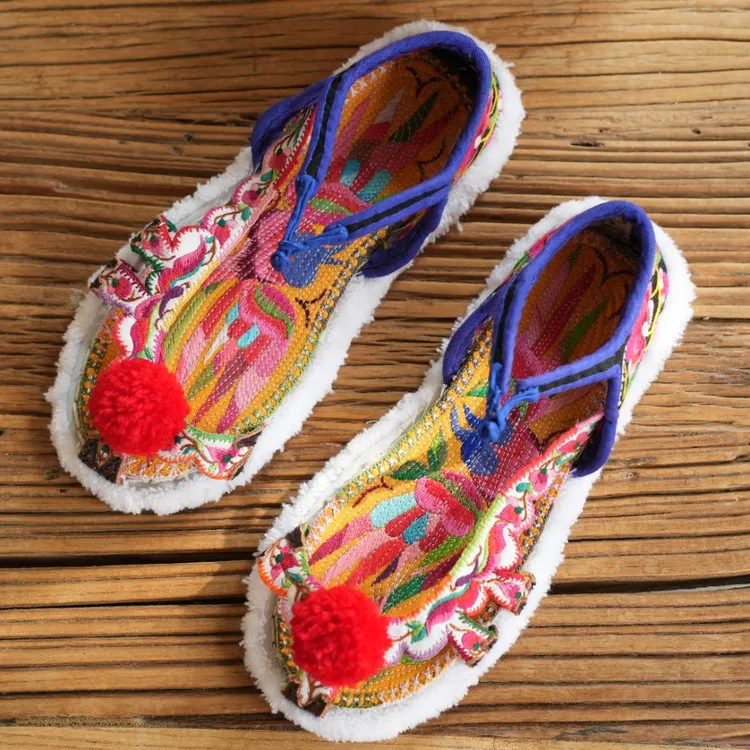 软底妈妈鞋纯手工平底汉服鞋民族风绣花绣花布