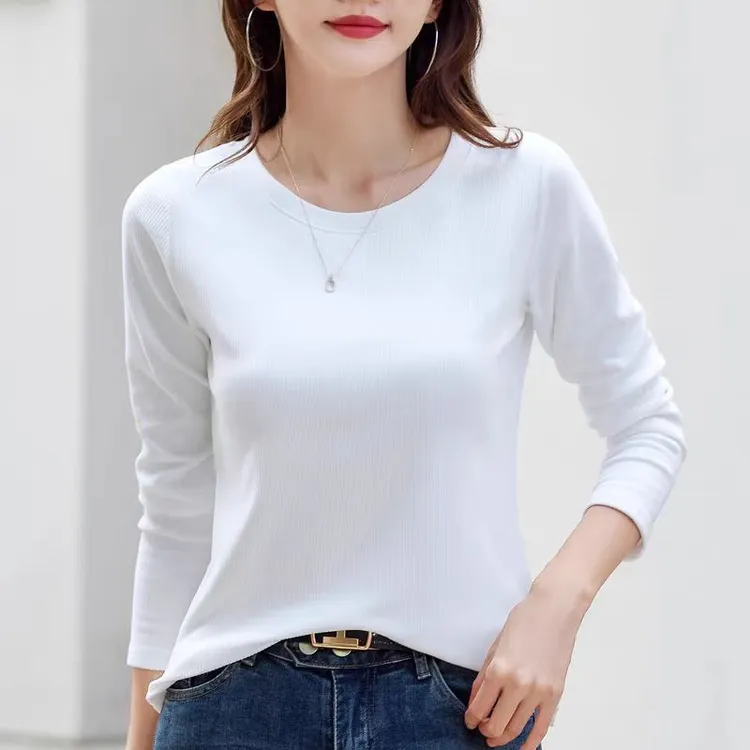 白色长袖t恤女修身春秋纯棉打底衫内搭正肩洋气减龄上衣2024新款