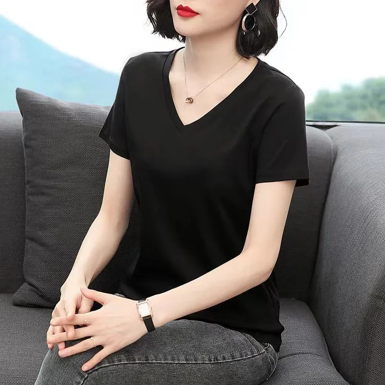 新款黑色v领t恤女精品棉短袖鸡心领打底衫修身显瘦百搭上衣夏季