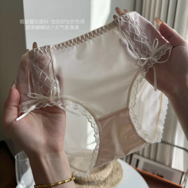 清纯白月光~法式缎面女士纯欲性感网纱蕾丝绑带高弹女士三角内裤