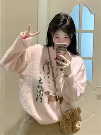 美式复古仿貂毛毛衣女秋冬小狗提花宽松软糯针织衫圆领套头上衣潮