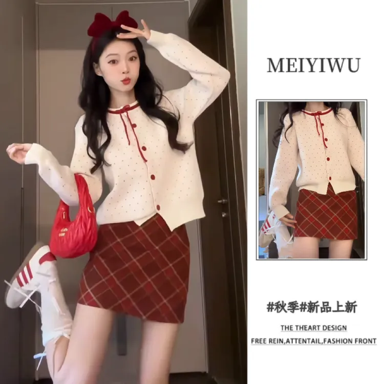 甜美少女感春季穿搭一整套韩系设计感红色蝴蝶结针织开衫毛衣外套