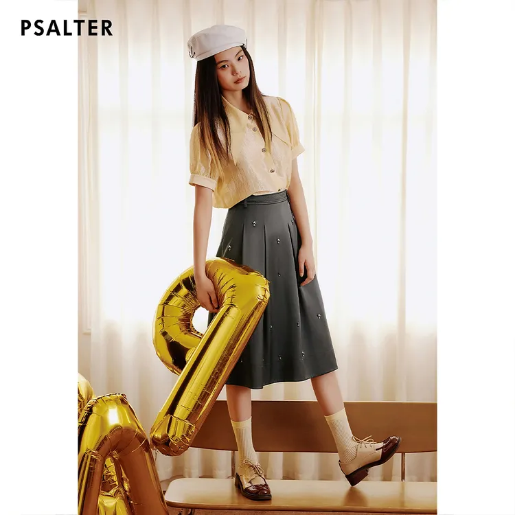 PSALTER诗篇复古尖领泡泡袖光泽感短袖衬衫夏