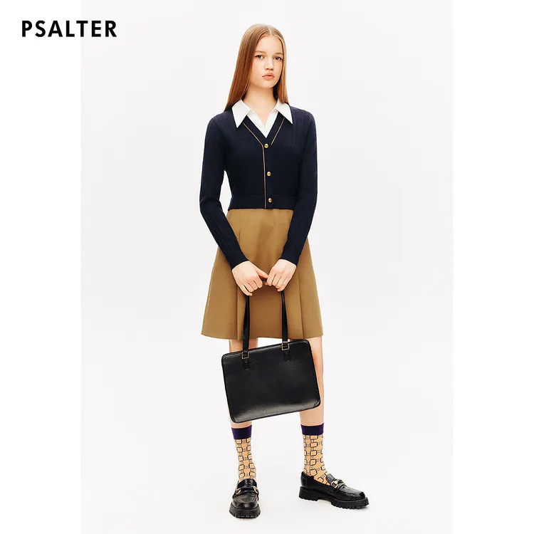 【羊毛混纺】PSALTER诗篇复古撞色拼接假两件层次感连衣裙秋