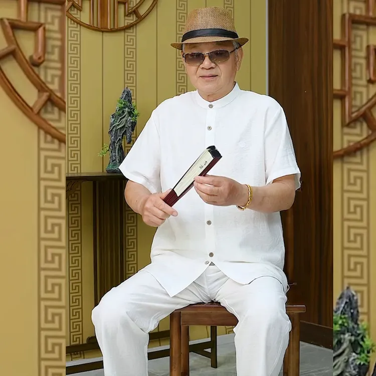  亚麻套装夏季薄款宽松休闲舒适时尚中国风刺绣爸爸夏季两件套装