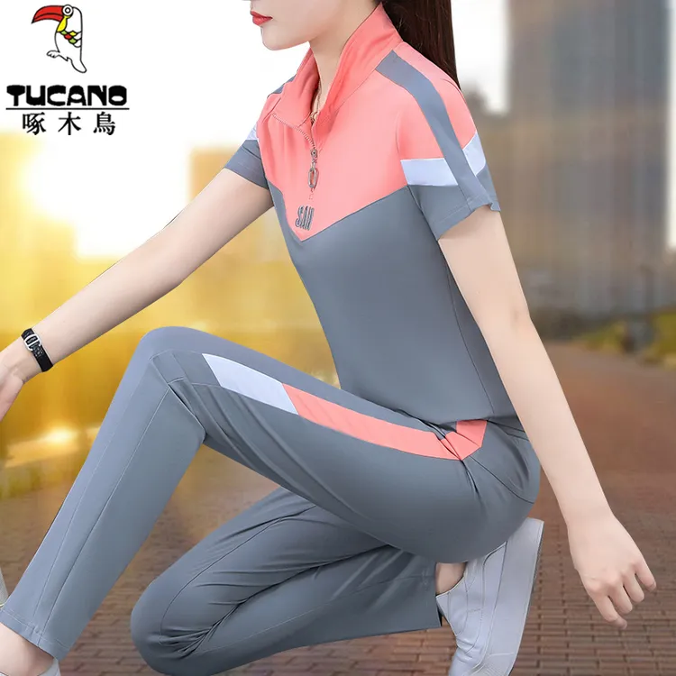 【官方】啄木鸟半开领运动装套装女夏季薄款2025新款冰丝短袖两件套