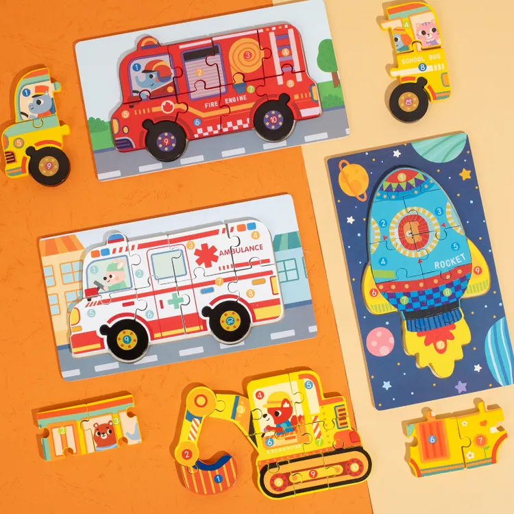 儿童3D立体积木拼图卡通挖掘机工程车益智拼板3-6岁交通工具玩具