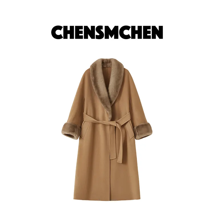 CHENSMCHEN 进口水貂毛领中长款呢子大衣女秋冬系带外套C24D053SL