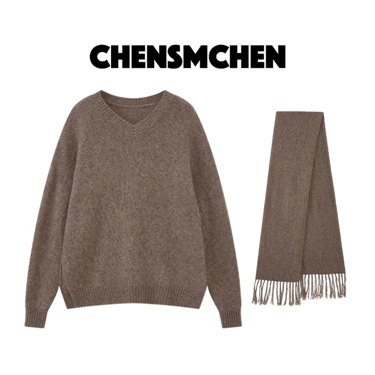 CHENSMCHEN 绵羊毛V领长袖毛衣女秋冬显瘦宽松百搭上衣C24M023YQ