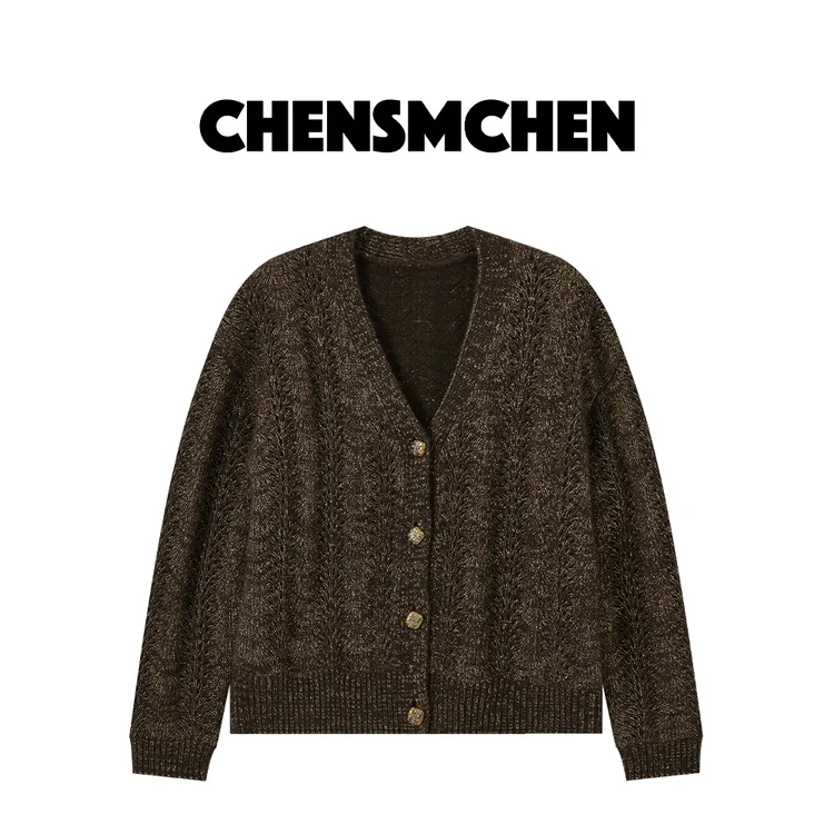 CHENSMCHEN牦牛绒针织开衫女秋季V领设计感宽松短款外套C24M6089R