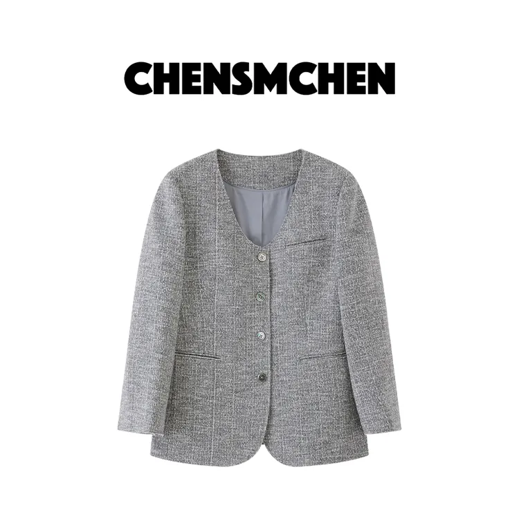 CHENSMCHENV领长袖小香风女多口袋设计感百搭外套C24X008YQ