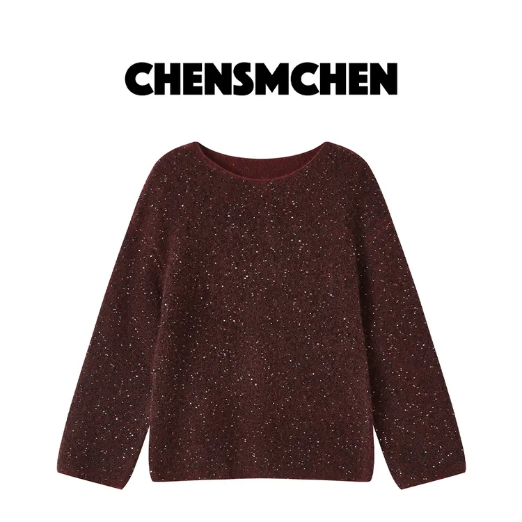 CHENSMCHEN 绵羊毛亮皮圆领毛衣女秋冬纯色气质百搭上衣C24M088SL