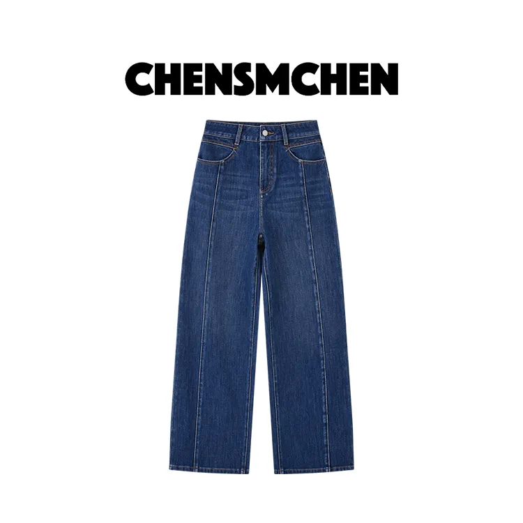 CHENSMCHEN 简约复古牛仔裤女休闲蓝色宽松直筒阔腿裤CSN6111MX