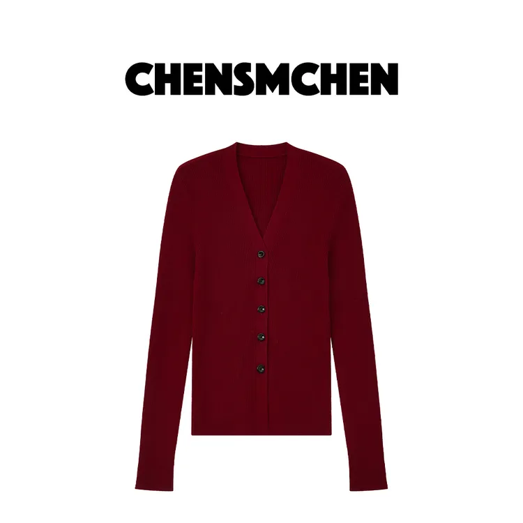 CHENSMCHEN 100绵羊毛红色针织开衫女秋冬百搭显瘦上衣C24Z136YQ