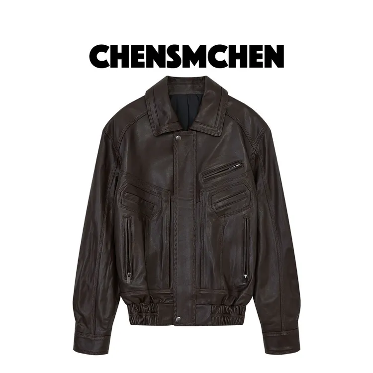 CHENSMCHEN 【红麂】多口袋绵羊皮皮衣女显瘦宽松翻领外套C24A003NL