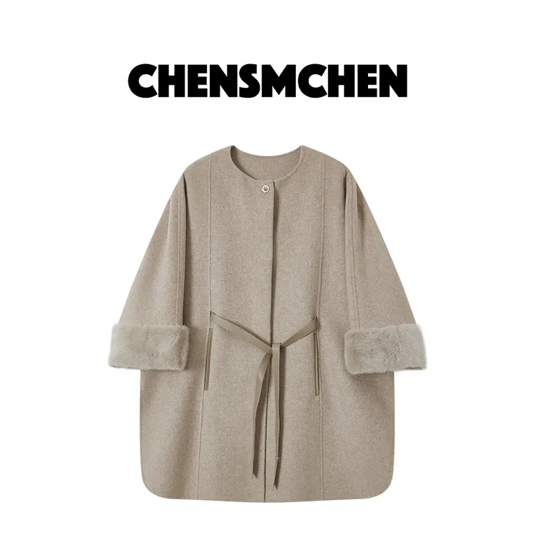 CHENSMCHEN 100小山羊绒系带大衣女设计感进口水貂外套C24W097YQ
