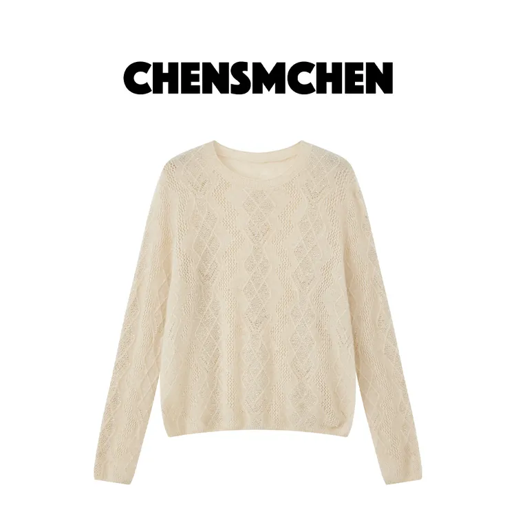 CHENSMCHEN 100山羊绒格纹提花羊绒衫女秋冬百搭上衣C24R002MN
