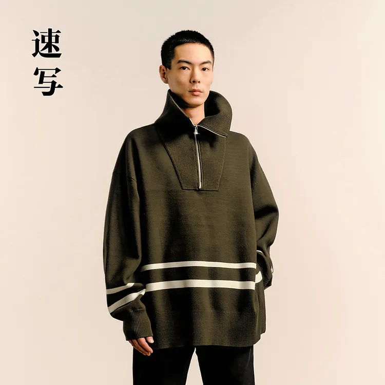 速写男装秋冬新款休闲宽松毛衫复古学院撞色设计潮上衣9O0311450