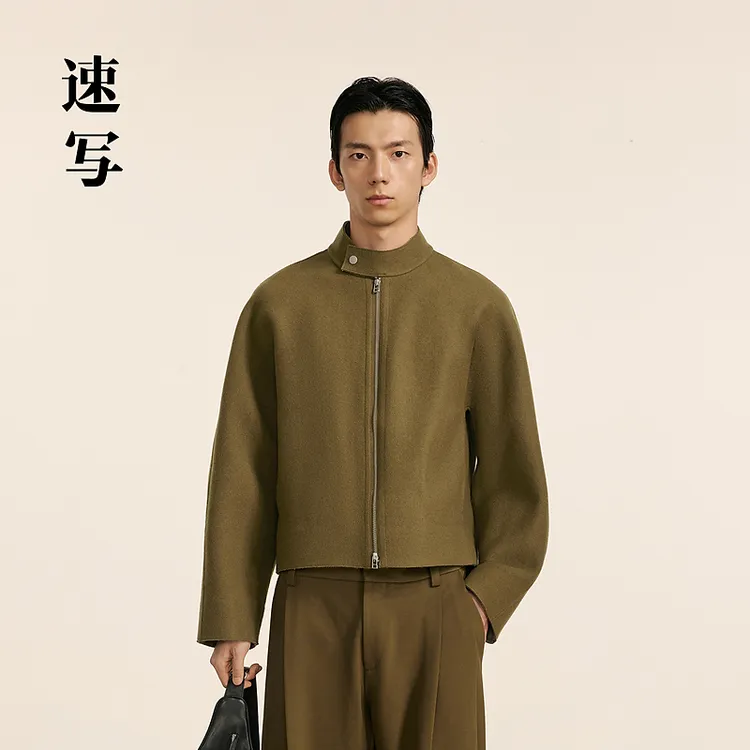 速写男装秋冬新款休闲宽松毛呢立领短款简约潮流外套9OA813320