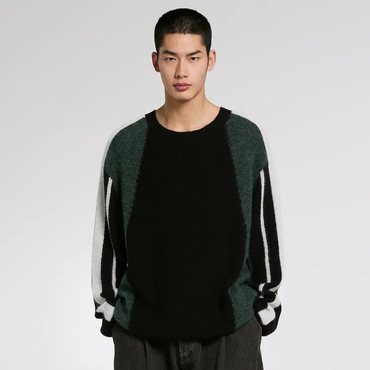 速写男装冬毛衫拼接宽松复古条纹圆领百搭简约时尚休闲9NB313560