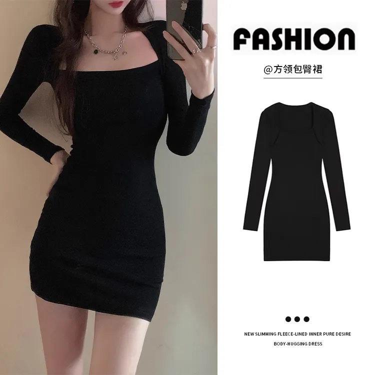 方领包臀连衣裙女秋冬打底内搭针织修身加绒裙子加厚长袖小妈裙
