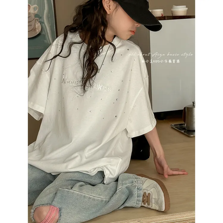 K25867烫钻女童短袖T恤2025夏装新款儿童洋气休闲上衣大童打底衫t