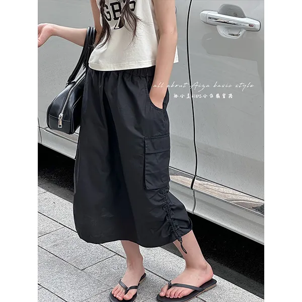 K24095高端原创抽绳设计女童夏季半身裙黑色裙子2025新韩国工装裙