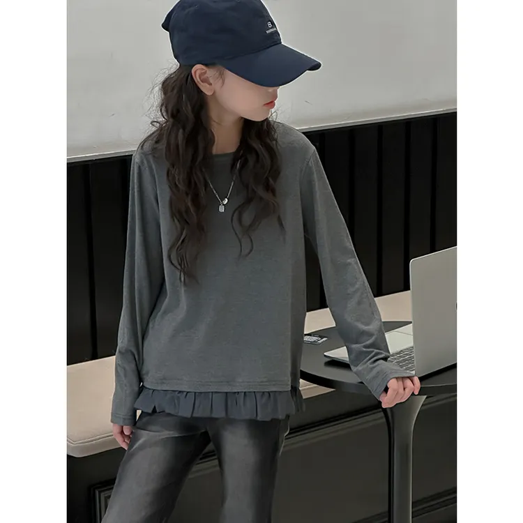 K27122孙小美荷叶边女童长袖T恤2025新款春秋装修身打底衫潮t