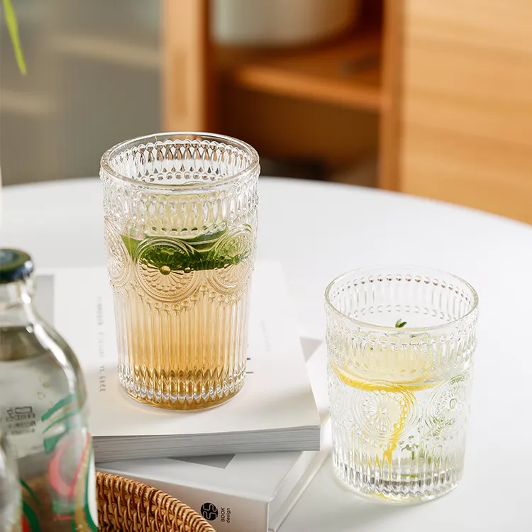 【两只装】浮雕太阳花玻璃杯水杯家用复古高颜值透明茶杯网红喝水杯