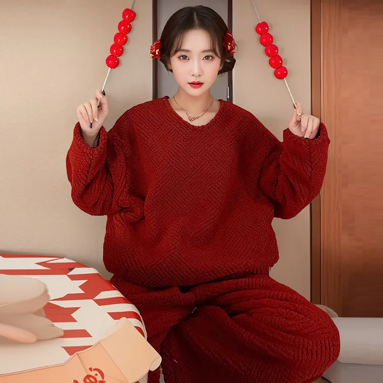 简因素珊瑚绒睡衣女红色本命年秋冬季新款加绒加厚大码家居服套装