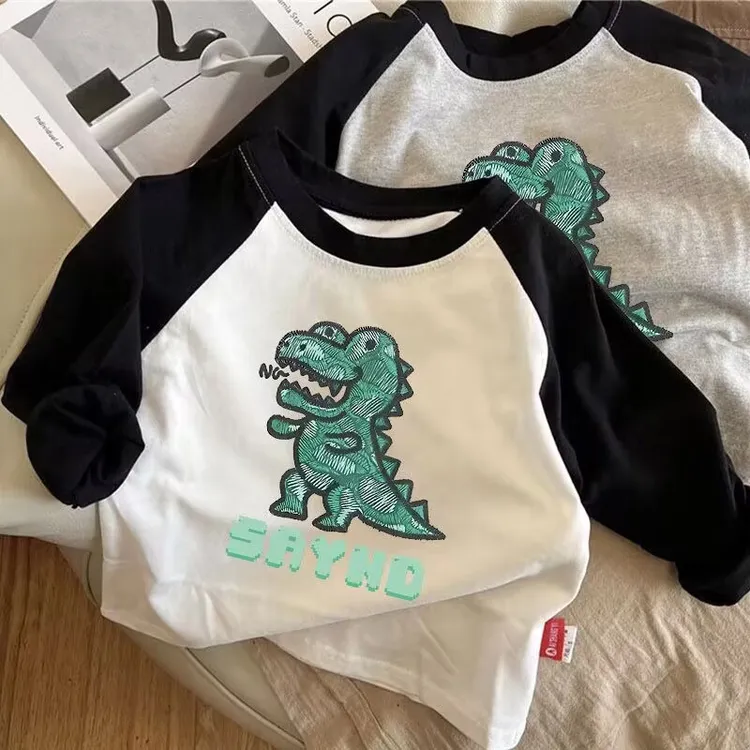 春秋儿童新款中小童洋气卡通图案插色长袖男女童t恤宽松打底衫薄T