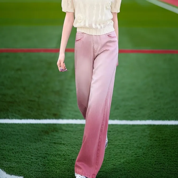 复古渐变粉色直筒背带裙牛仔裤女2024新款宽松设计感显瘦牛仔裤子